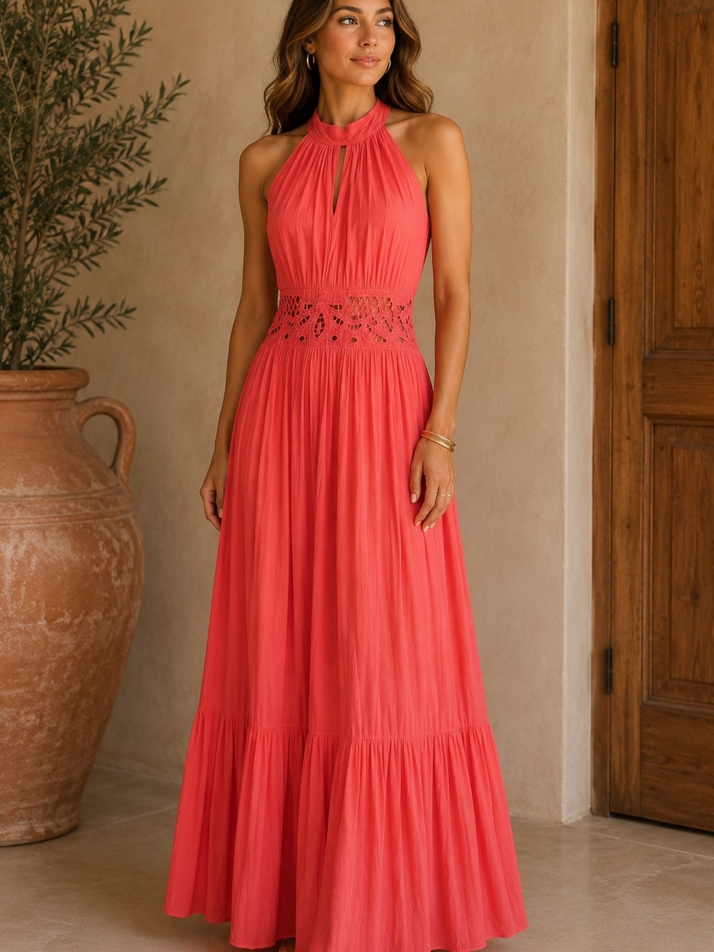 Ramy Brook "Anna" Coral Crochet Lace Halter Maxi Dress XS